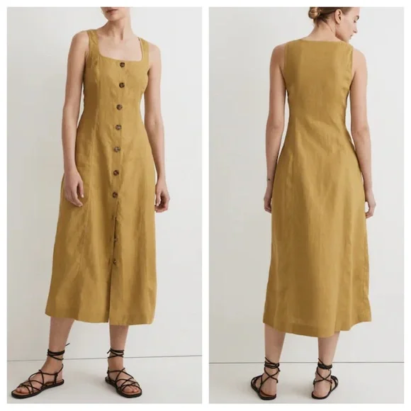 Madewell Button-Front Midi Dress in 100% Linen in Citrus Lime - Size 0 - Picture 3 of 6